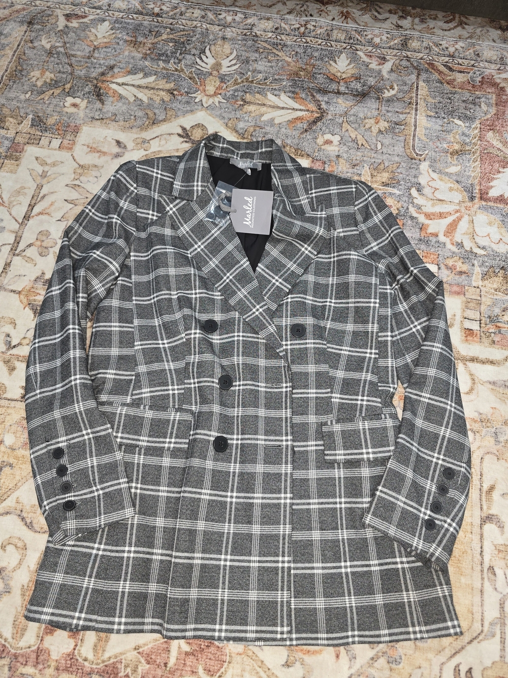 Marbled Reunited Gray Plaid Double-Breasted Blazer Jacket